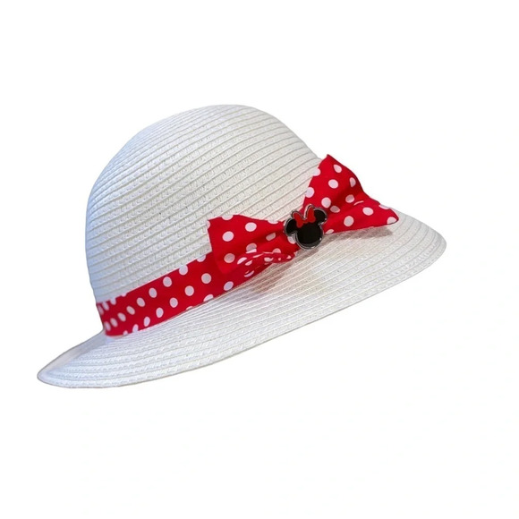 Disney Parks White Bucket Hat Minnie Mouse Red Polka Dot Bow Youth 55 cm - Picture 2 of 4